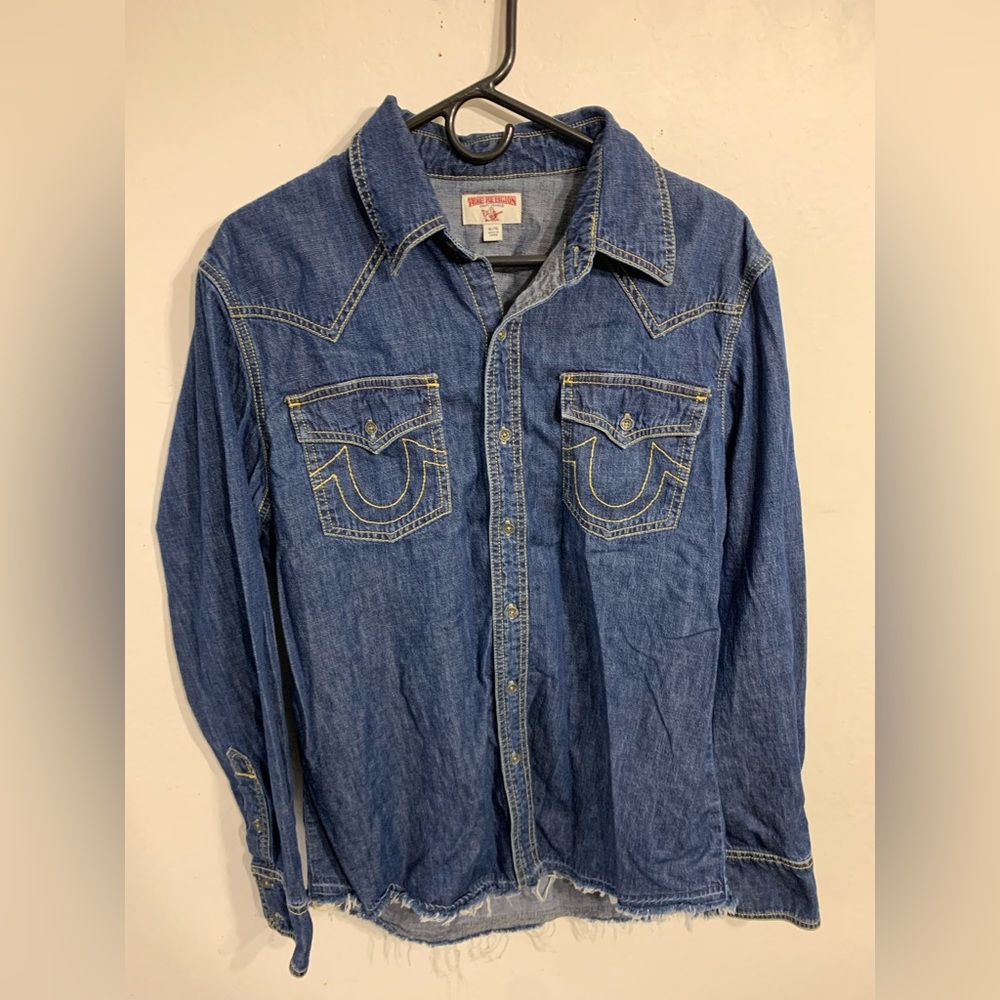 TRUE RELIGION WESTERN Released Hem Jeans Denim Shirt Men Size XL Long Sleeve